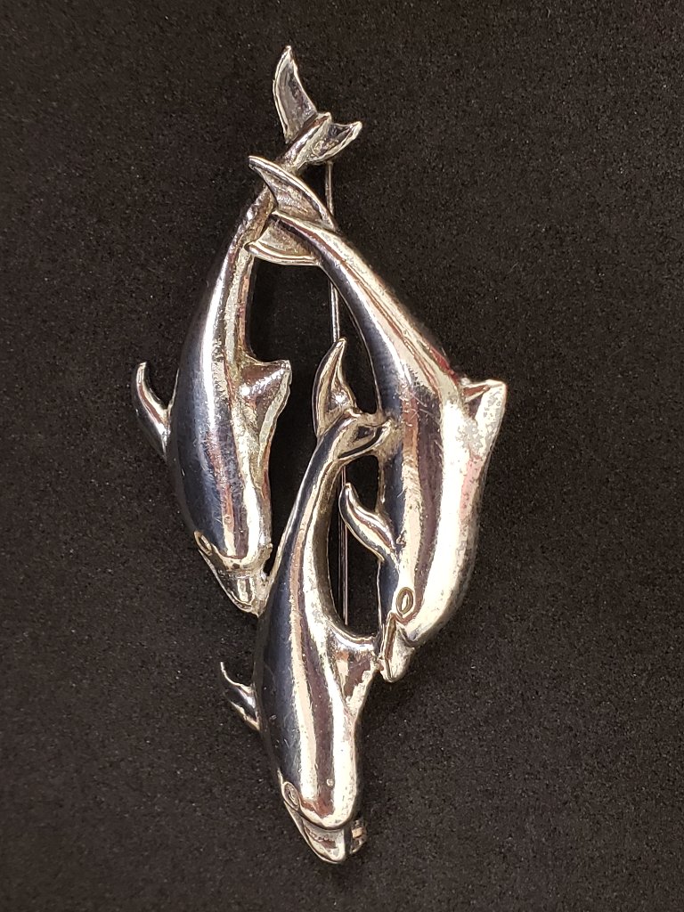 Vintage Sterling Silver 3d Three Dolphin Swimming Ocean Estate Pin Brooch